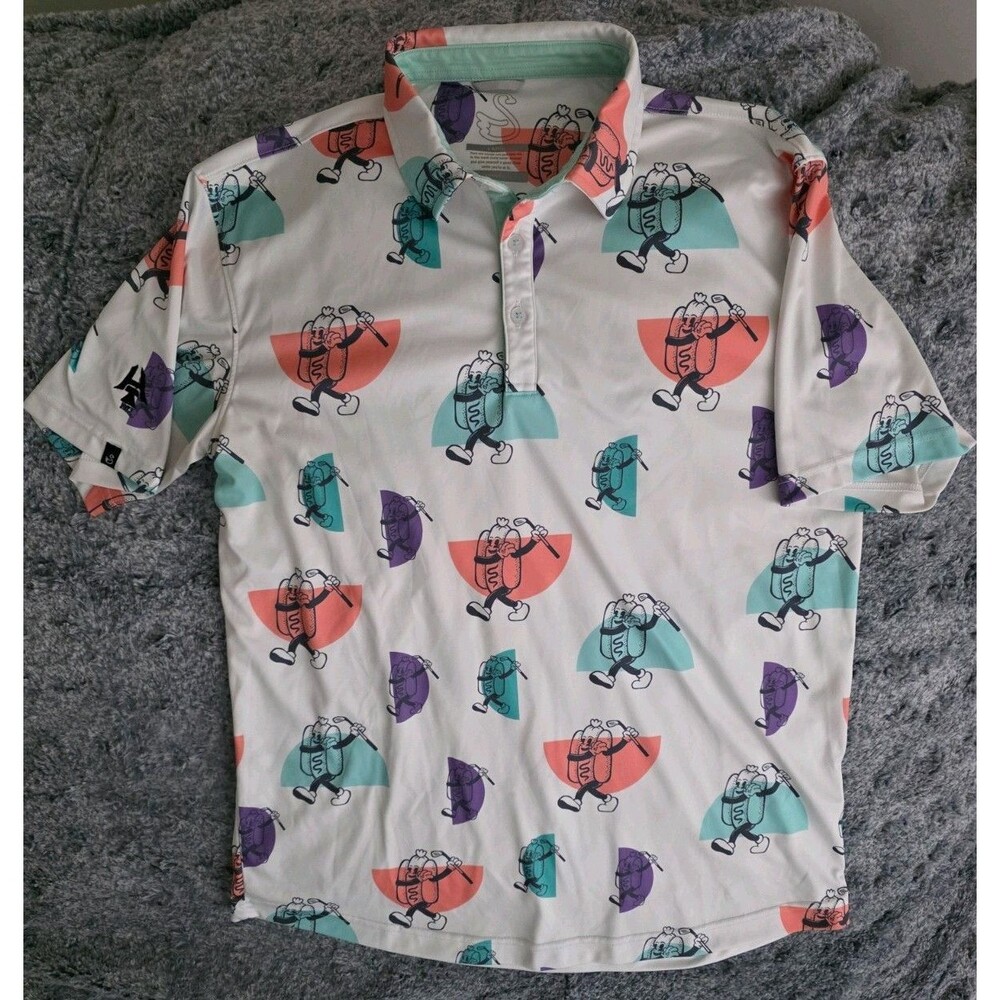 Swannies Keegan Golf Polo Shirt Men Large Hot Dog Pattern Short Sleeve Club Logo
